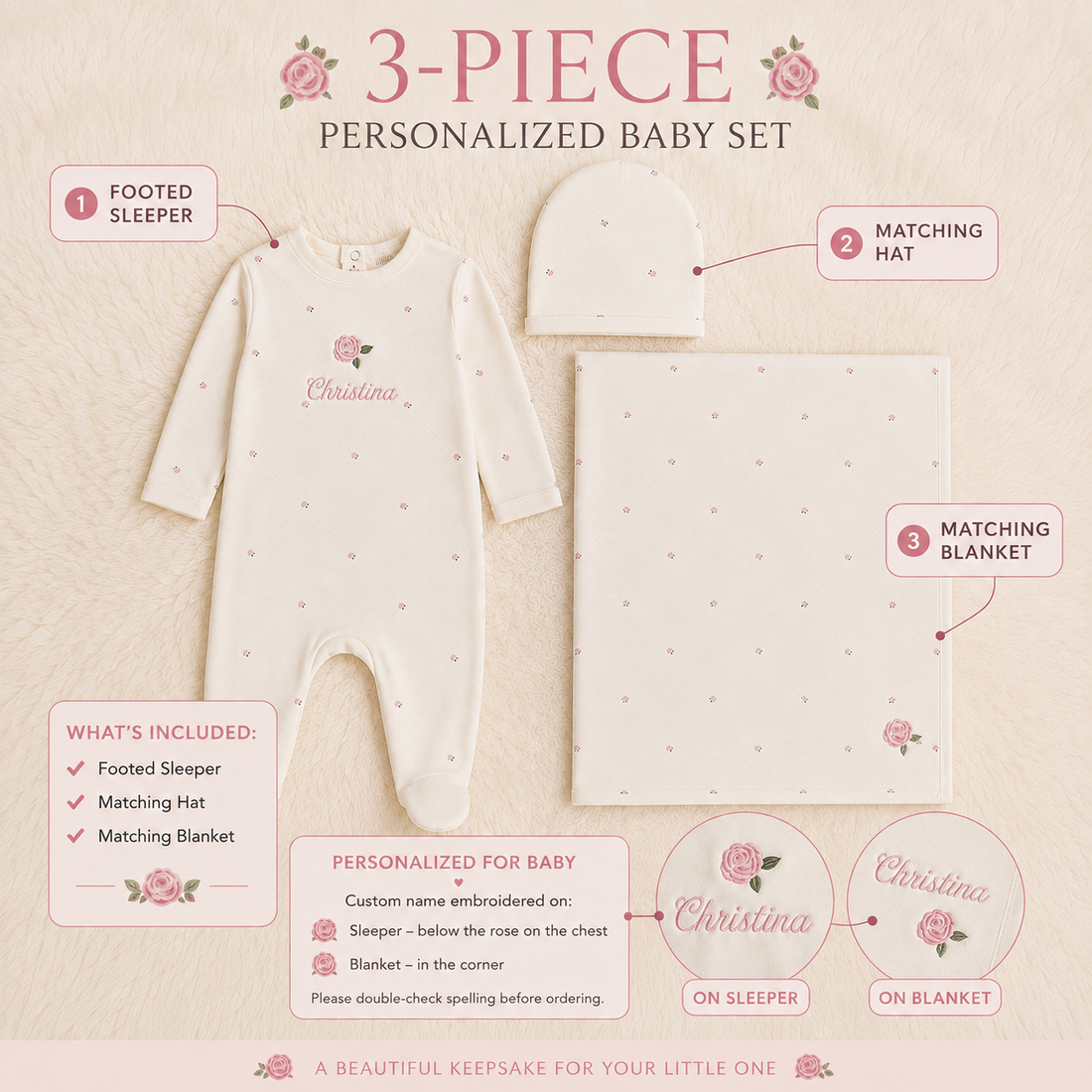Personalized Baby Girl Sleeper, Hat & Blanket Set | 3-Piece Embroidered Newborn Gift