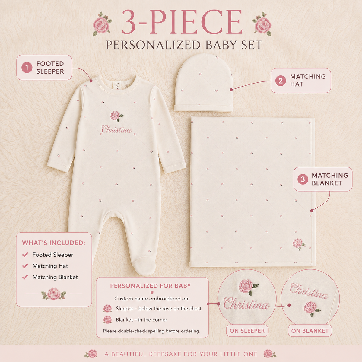 Personalized Baby Girl Sleeper, Hat & Blanket Set | 3-Piece Embroidered Newborn Gift