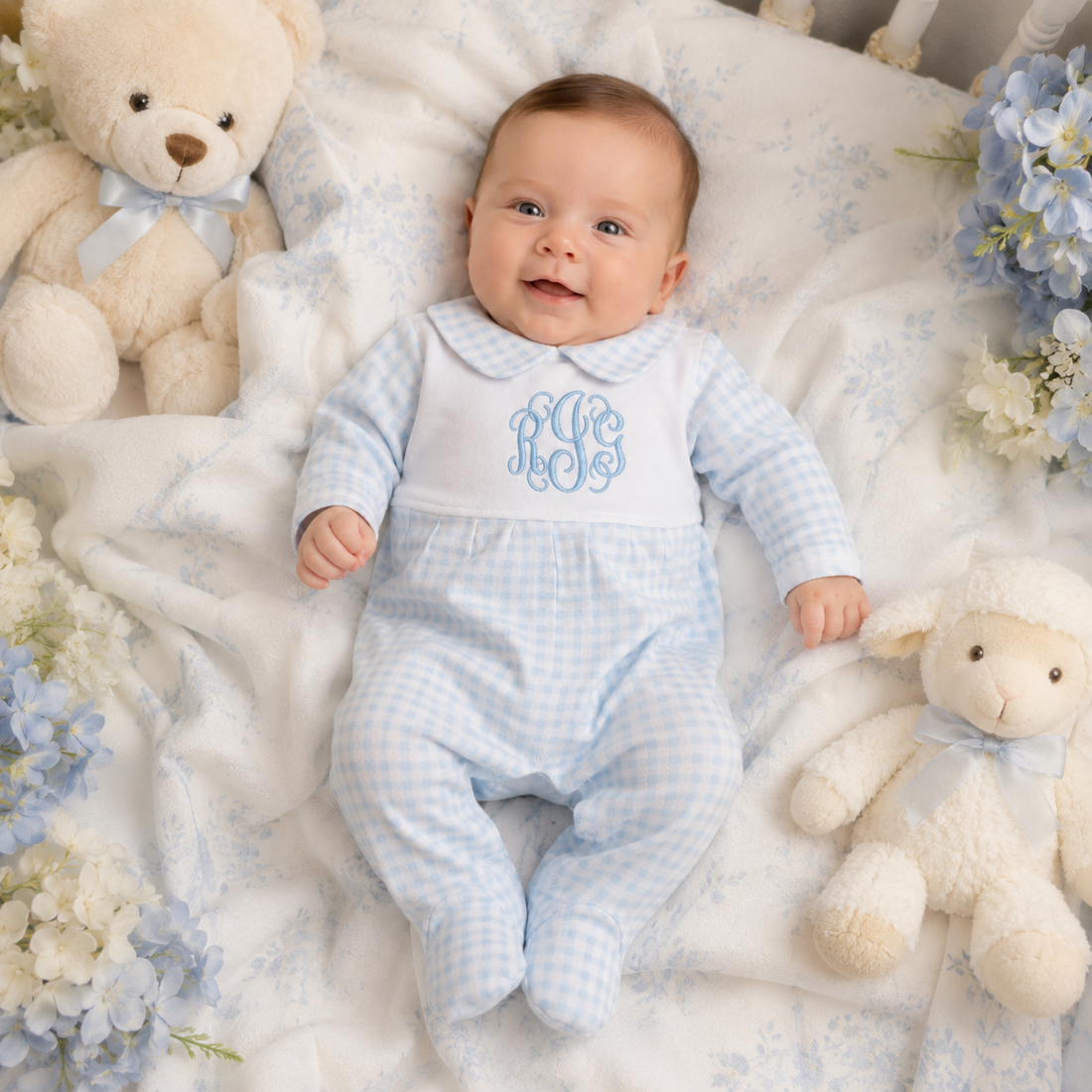 Smiling baby wearing a personalized blue gingham monogrammed footed sleeper on a soft blanket surrounded by plush toys and flowers, handmade by RoJo Custom Designs.