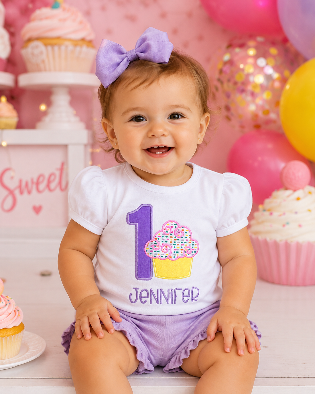 Personalized embroidered first birthday cupcake shirt for girls featuring a purple number 1, colorful sprinkled cupcake, and custom embroidered name Jennifer on a white 100% cotton birthday shirt by RoJo Custom Designs.