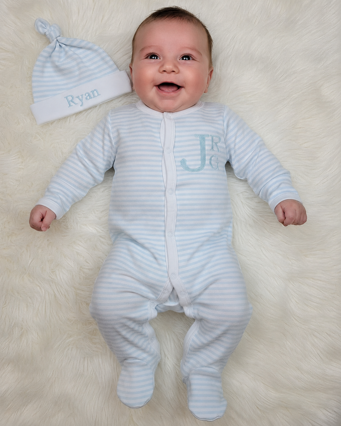 Personalized Monogram Baby Sleeper & Embroidered Name Hat Set