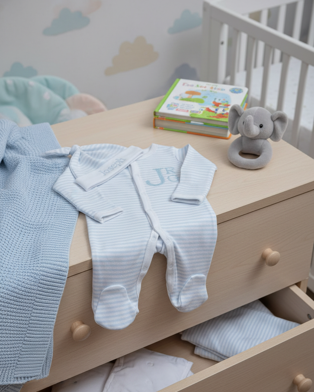 Baby clothes on a dresser with a book and toy in a nursery setting