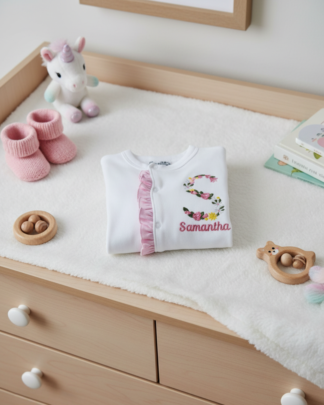 Baby outfit with floral design and name 'Samantha' on a wooden dresser with toys.