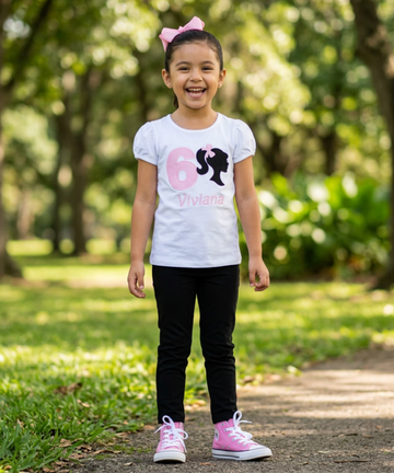 Personalized Fashion Doll Birthday Shirt featuring embroidered birthday number and custom name for girls.