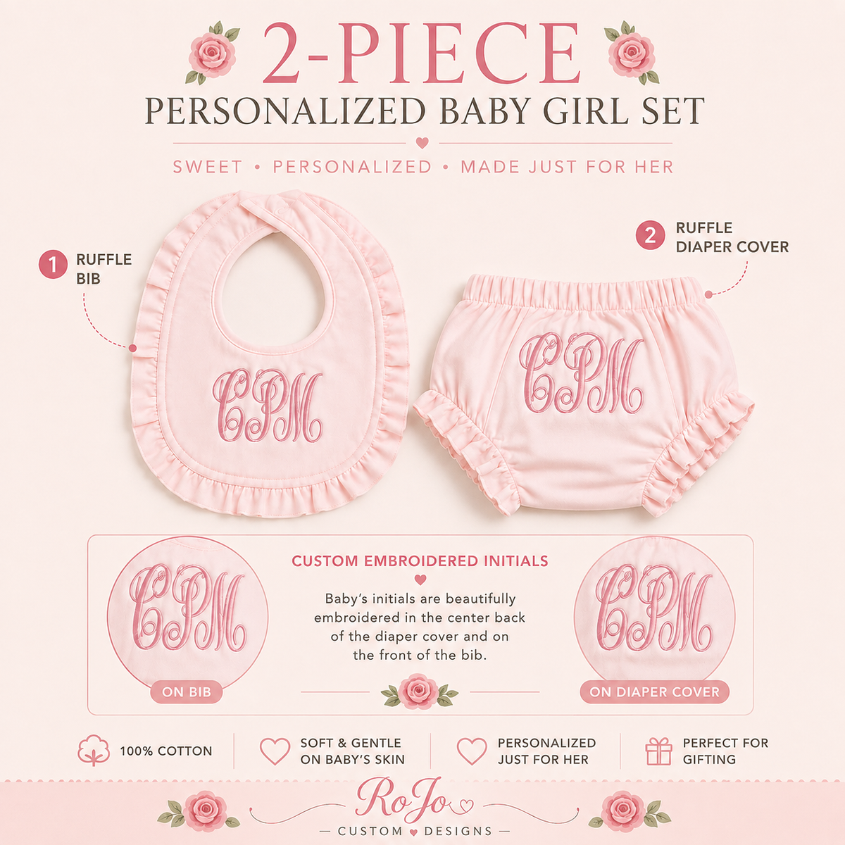 Two-piece personalized baby girl set with ruffle bib, ruffle diaper cover and custom embroidery