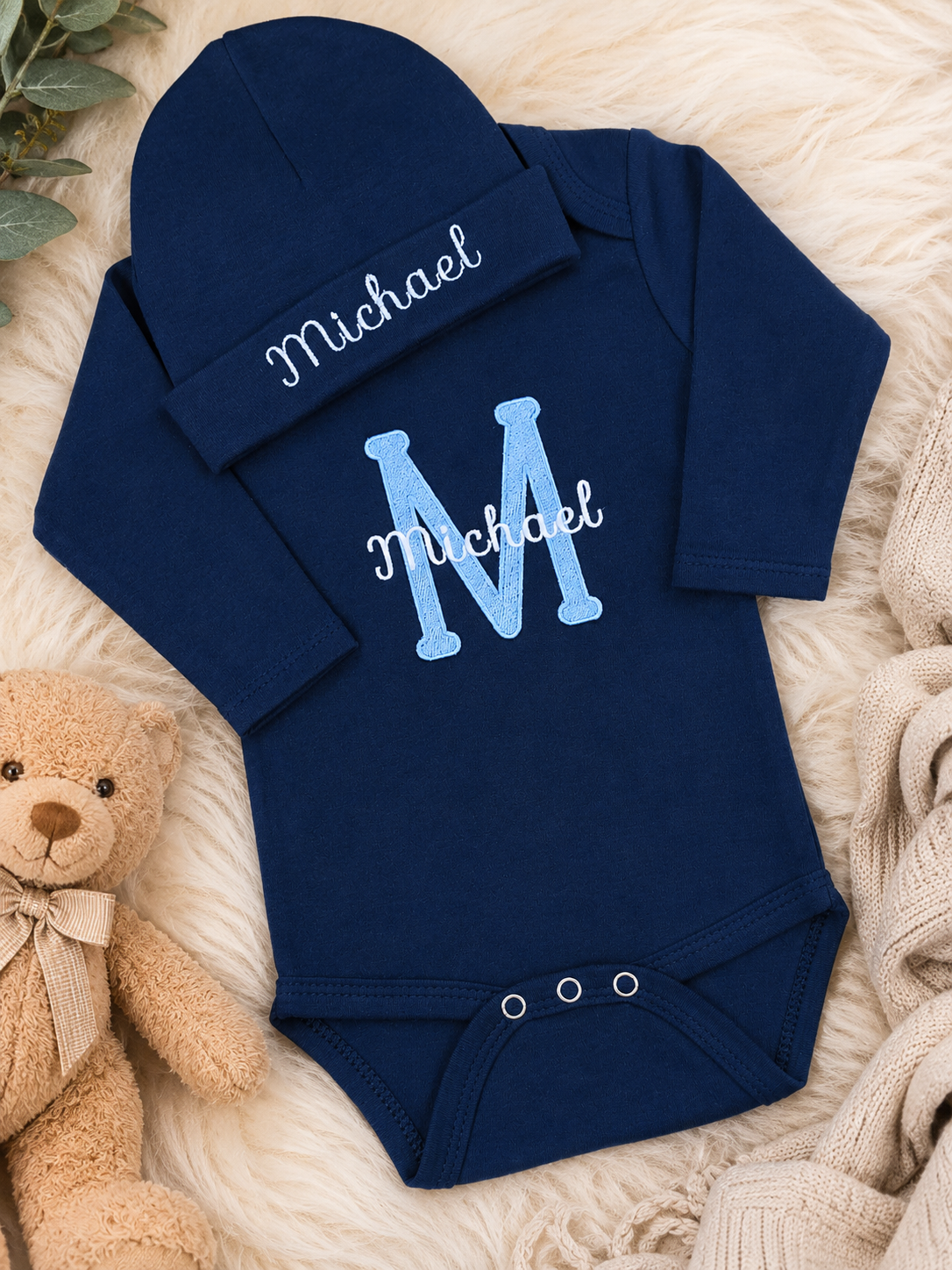 Personalized Baby Bodysuit & Hat Set | Embroidered Newborn Gift