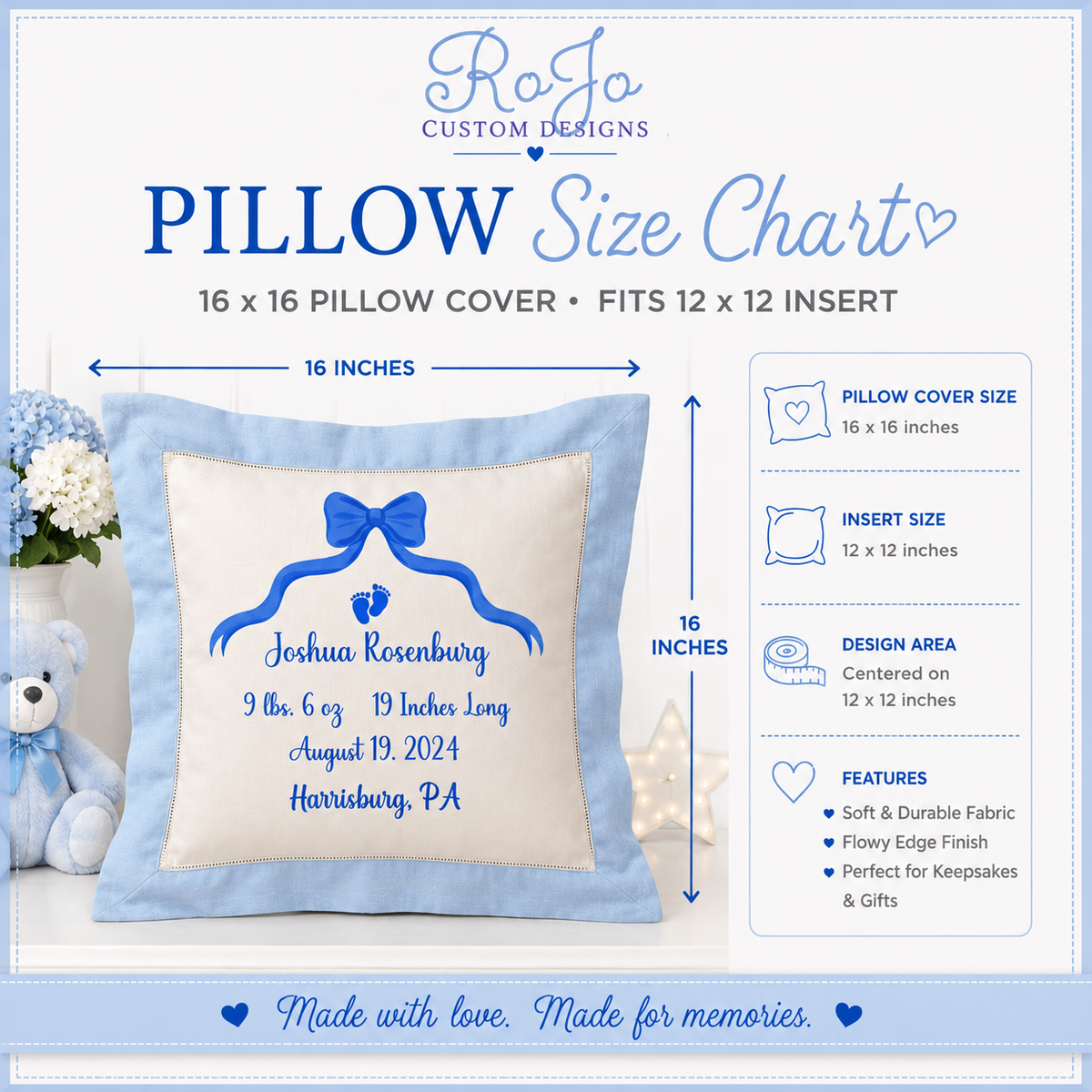 Personalized Baby Birth Stats Pillow | Custom Newborn Keepsake Pillow | Baby Boy or Girl Nursery Gift