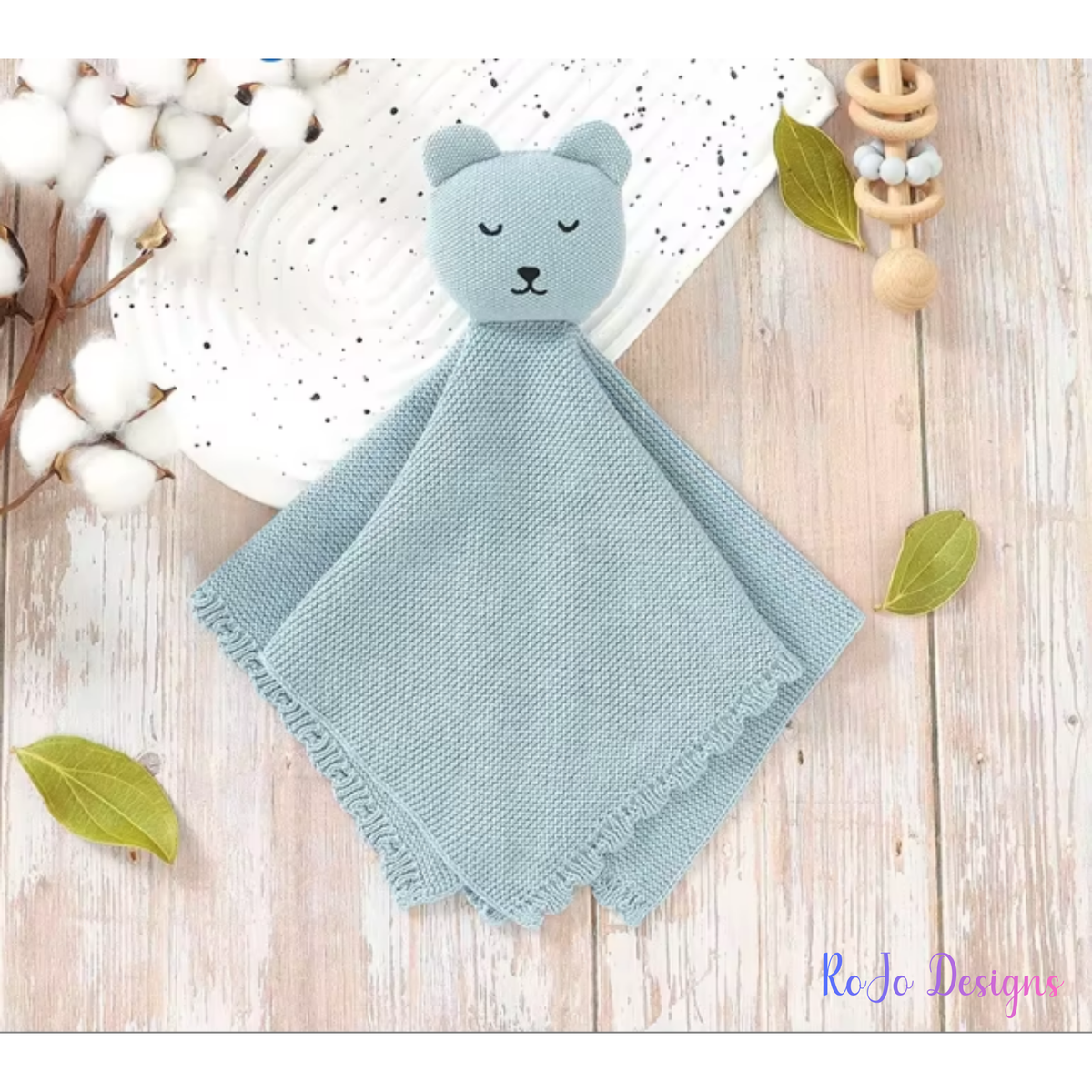 Personalized light blue bear security blanket embroidered with baby's name