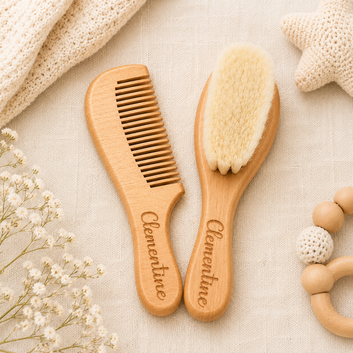 Personalized engraved wooden baby brush and comb set made from natural beech wood with soft goat hair bristles for newborn babies