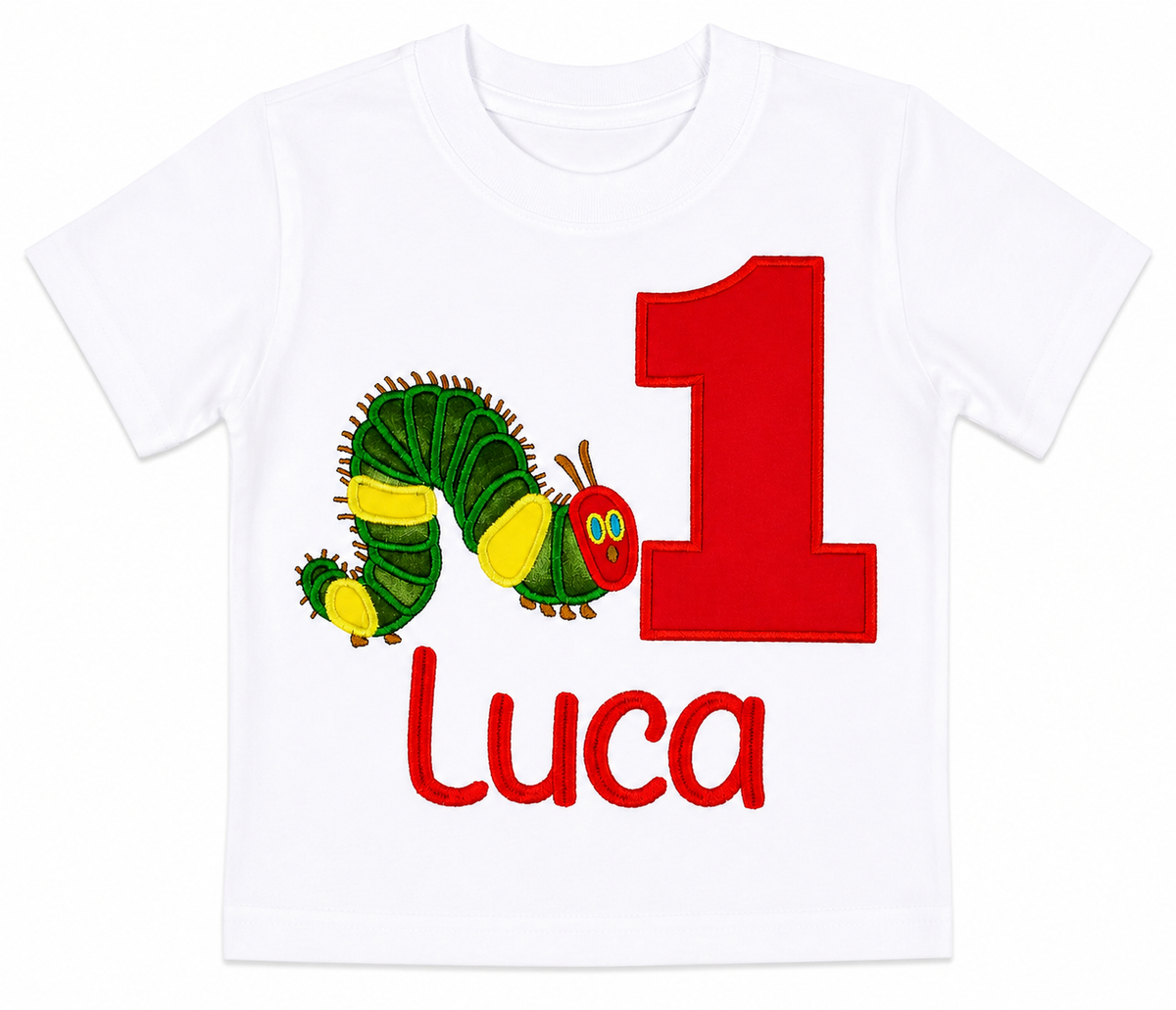 Personalized embroidered caterpillar first birthday shirt for boys featuring a red number 1, adorable caterpillar, and custom embroidered name Luca on a white 100% cotton shirt displayed at a caterpillar-themed first birthday party. | RoJo Custom Designs
