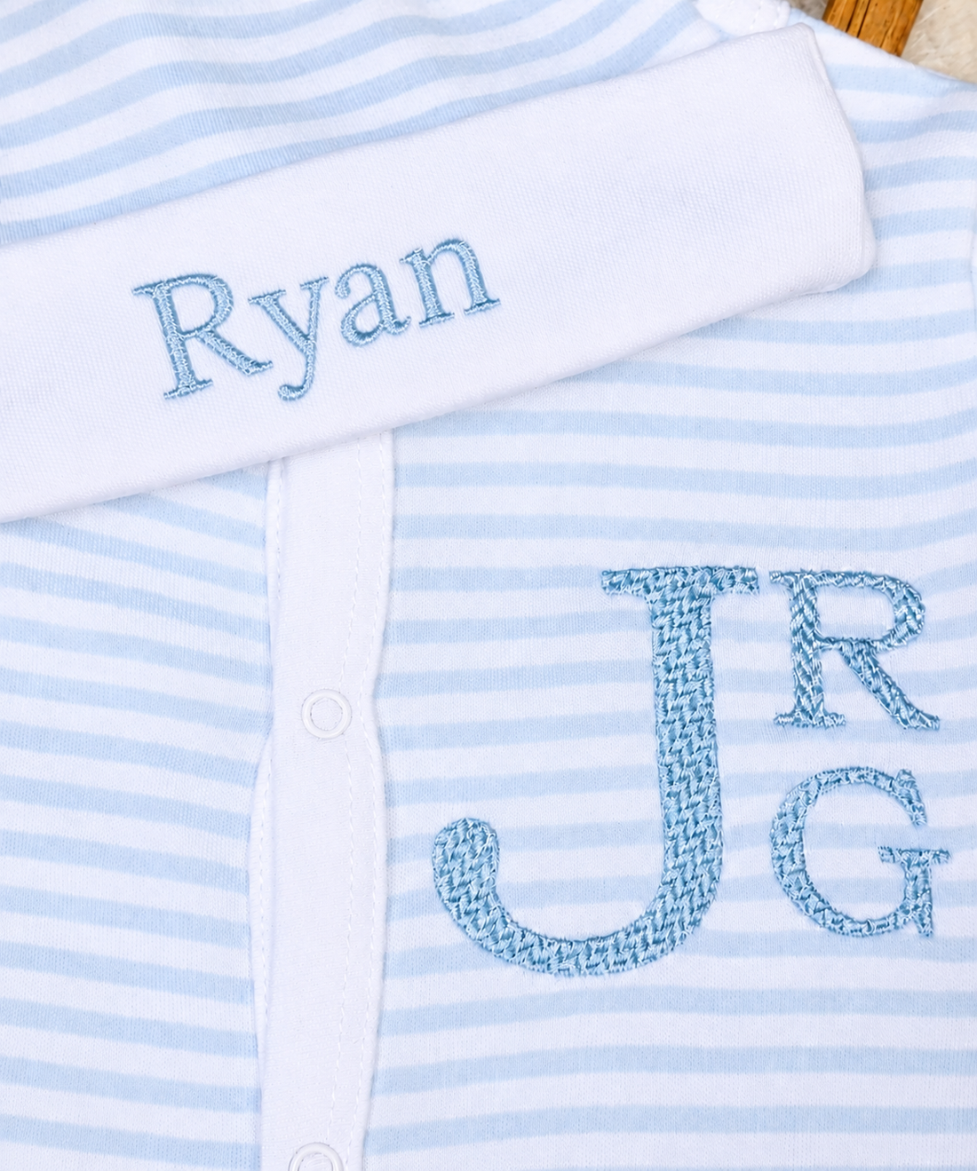 Personalized Monogram Baby Sleeper & Embroidered Name Hat Set