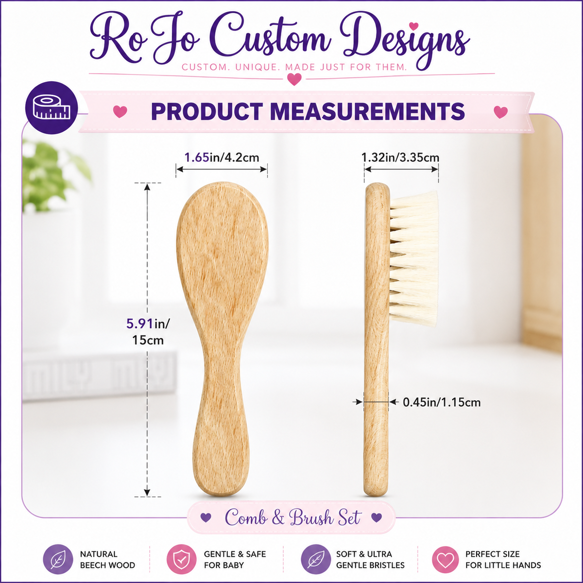 Product measurement graphic for a wooden baby comb and brush set, showing the length and width of each item with labeled dimensions on a clean white background. The top banner reads 'RoJo Custom Designs' and 'Product Measurements'.