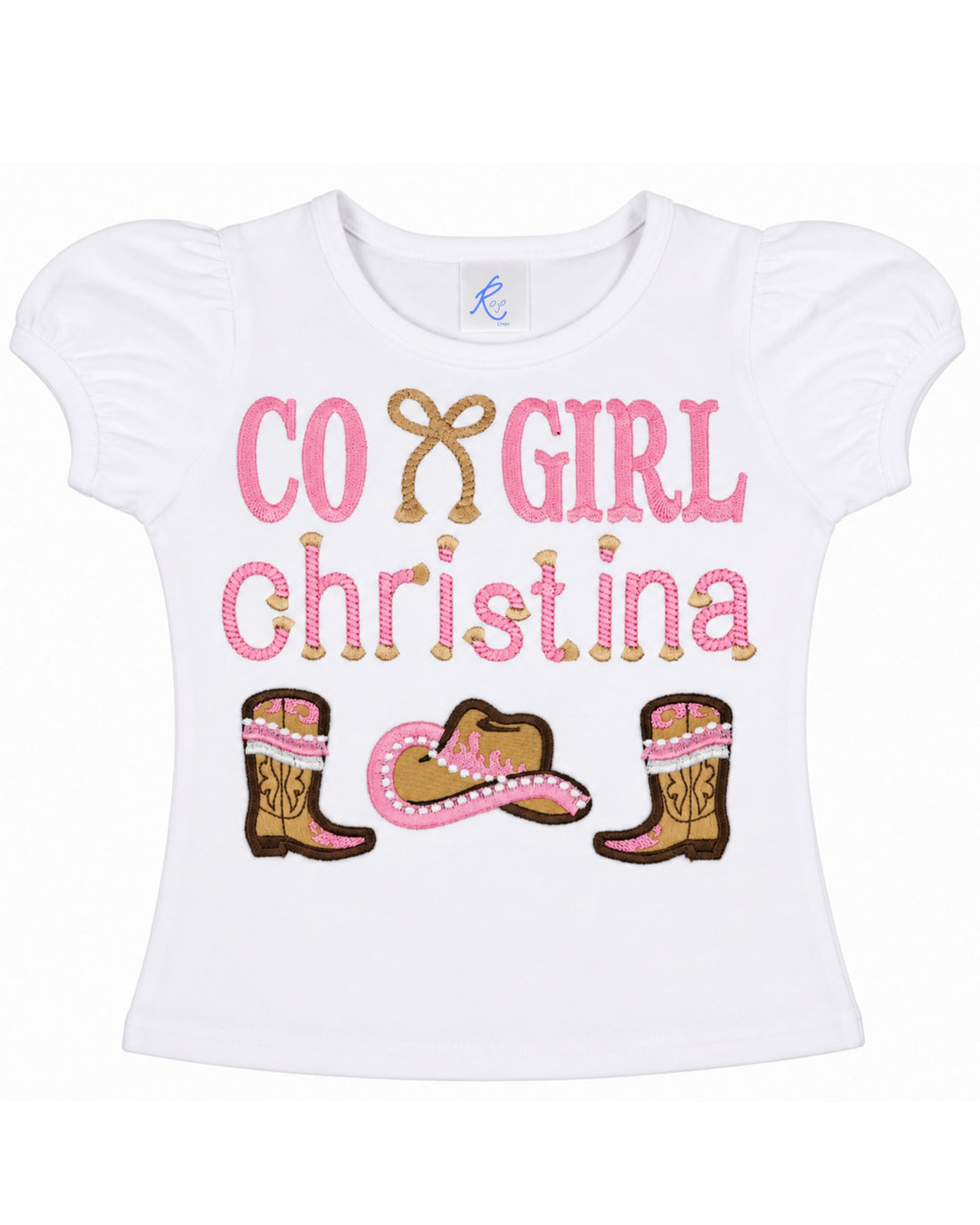 Girl wearing a personalized embroidered cowgirl birthday shirt featuring western boots, cowboy hat, rope detail, and custom embroidered name at a western birthday party by RoJo Custom Designs.