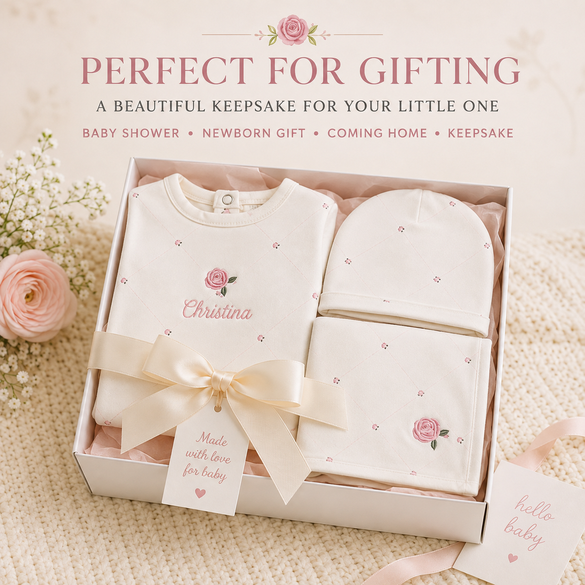 Personalized Baby Girl Sleeper, Hat & Blanket Set | 3-Piece Embroidered Newborn Gift