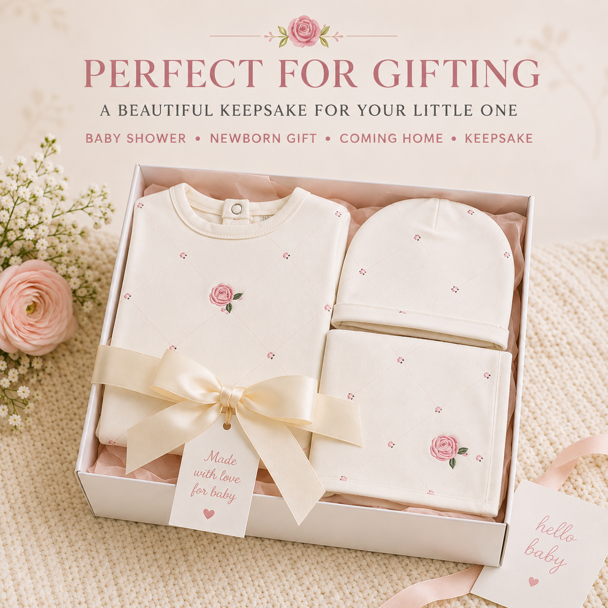 Personalized Baby Girl Sleeper, Hat & Blanket Set | 3-Piece Embroidered Newborn Gift