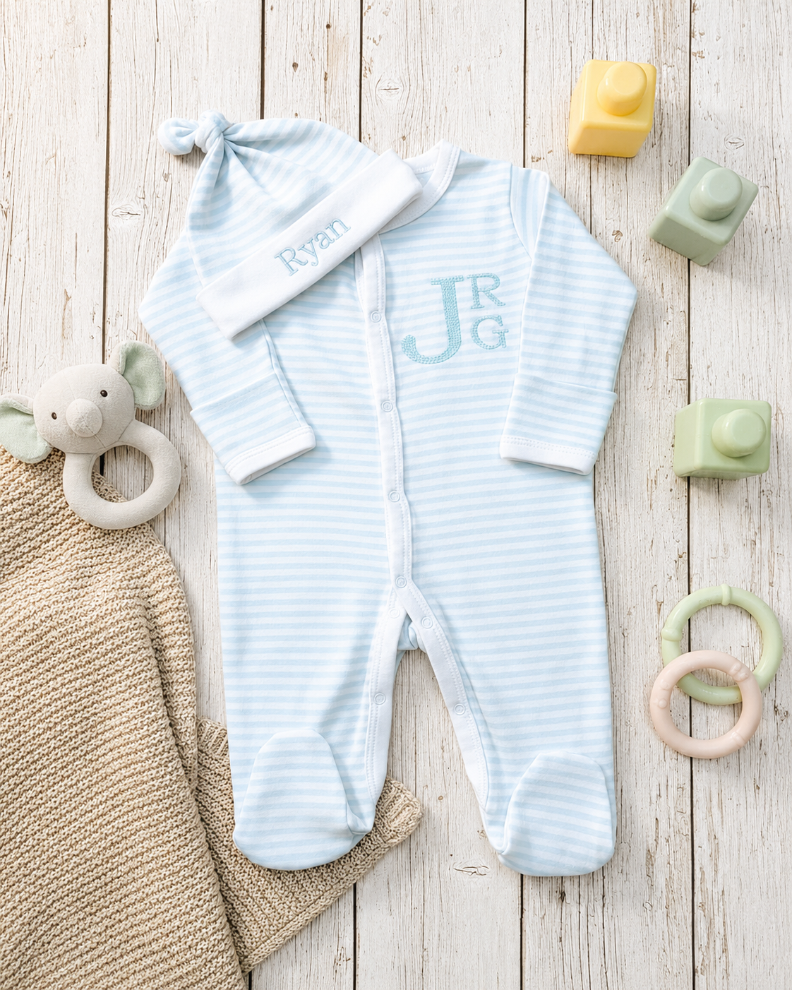 Personalized Monogram Baby Sleeper & Embroidered Name Hat Set