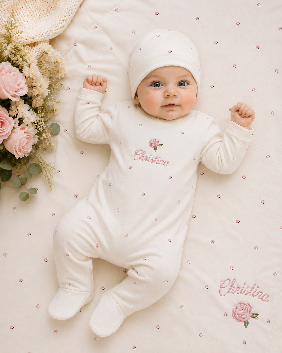 Personalized Baby Girl Sleeper, Hat & Blanket Set | 3-Piece Embroidered Newborn Gift