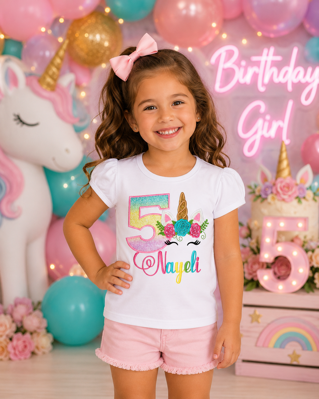 Personalized Unicorn Birthday Shirt featuring an embroidered birthday number, floral unicorn design, and custom name for girls. Boutique birthday outfit made from 100% cotton.