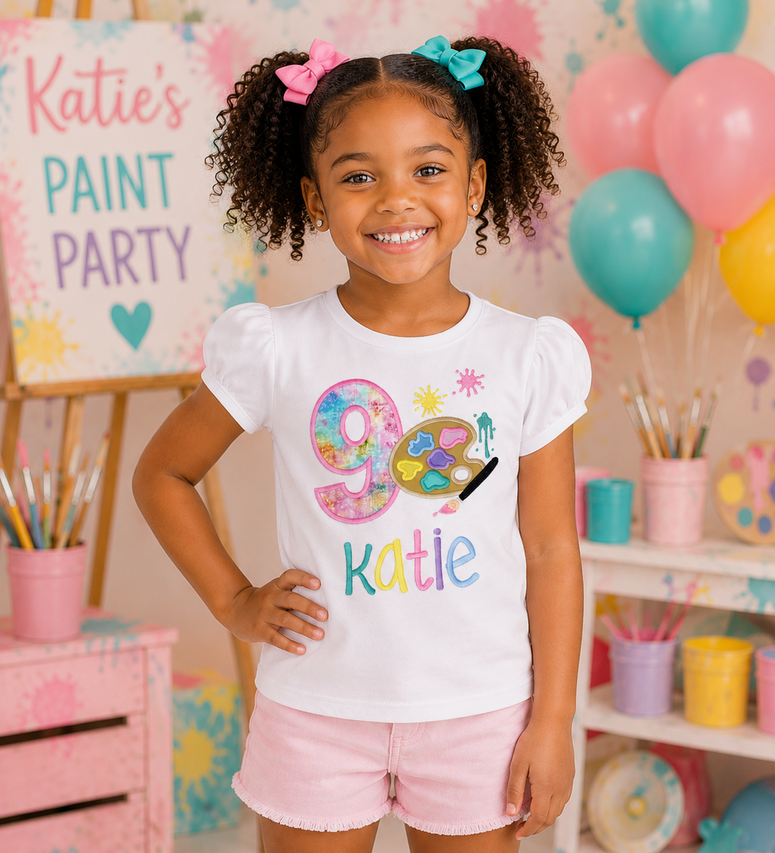 Girl wearing a personalized embroidered Paint Party 8th birthday shirt with watercolor number 8, artist palette, and paintbrush at a colorful art-themed birthday celebration. | RoJo Custom Designs