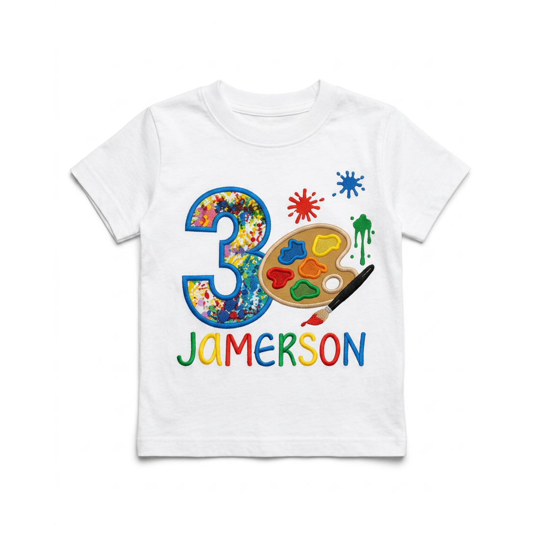 Personalized embroidered boy's paint party birthday shirt featuring colorful birthday number 3, artist paint palette, paintbrush, and custom name Jamerson on a white 100% cotton shirt.