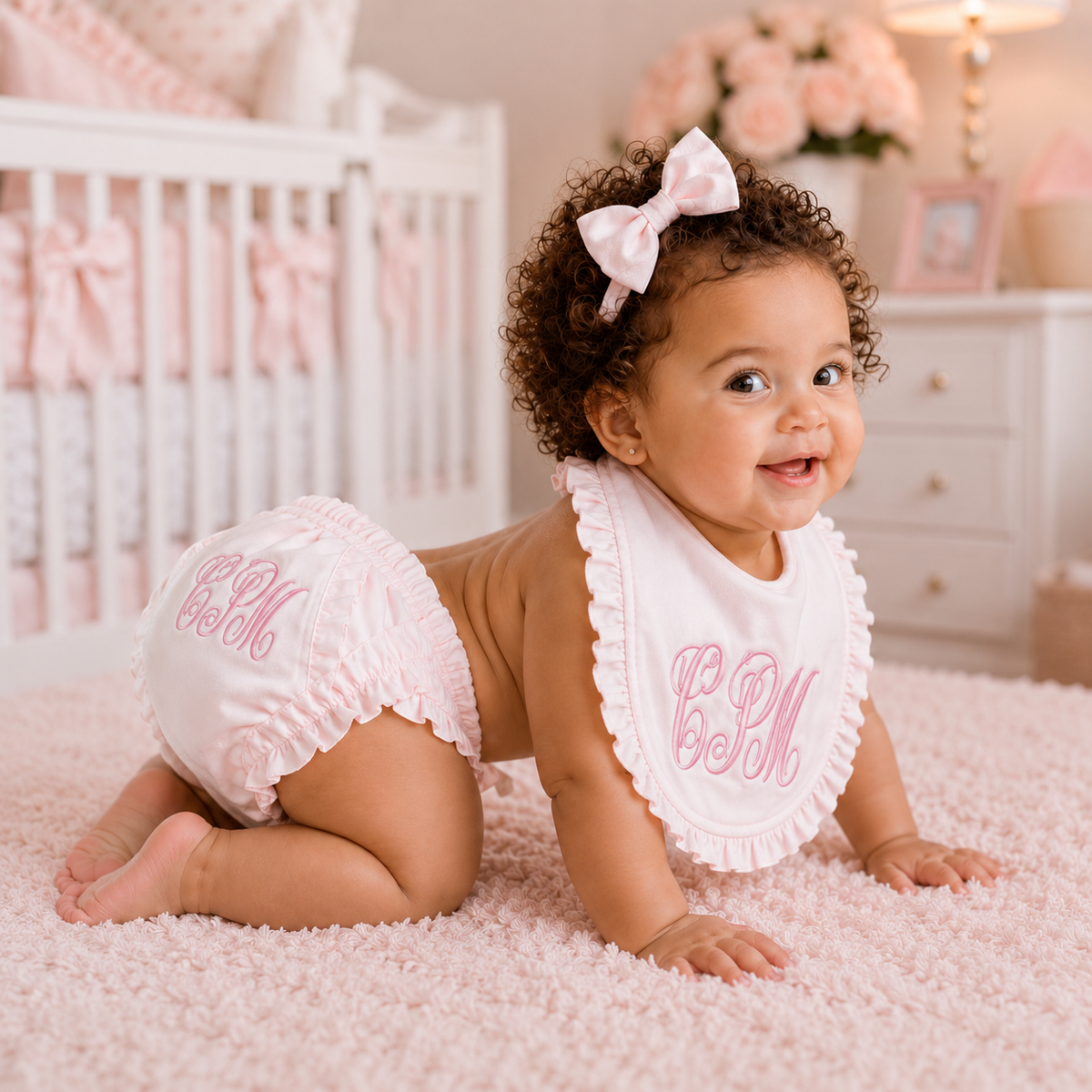 Baby girl wearing personalized pink monogrammed ruffle bib and diaper cover set