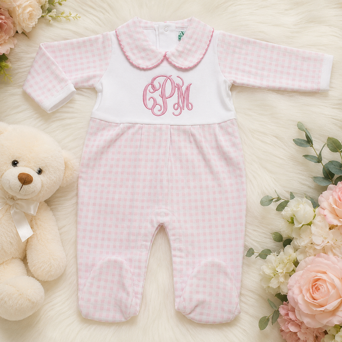 Personalized Pink Gingham Baby Girl Monogram Sleep & Play | Embroidered Cotton Footed Pajamas | Custom Newborn Coming Home Outfit