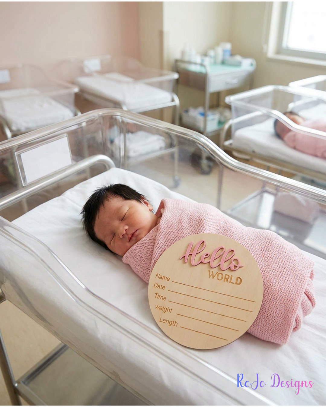 Newborn baby girl with wooden Hello World birth announcement sign and pink swaddle blanket