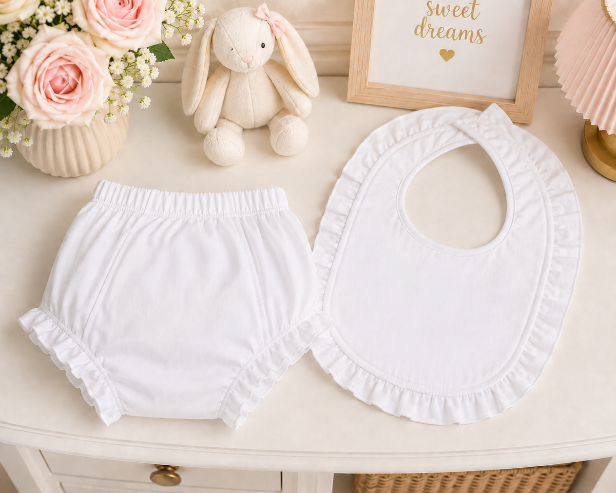 Personalized Baby Girl Bib & Ruffle Diaper Cover Set | Embroidered Baby Gift