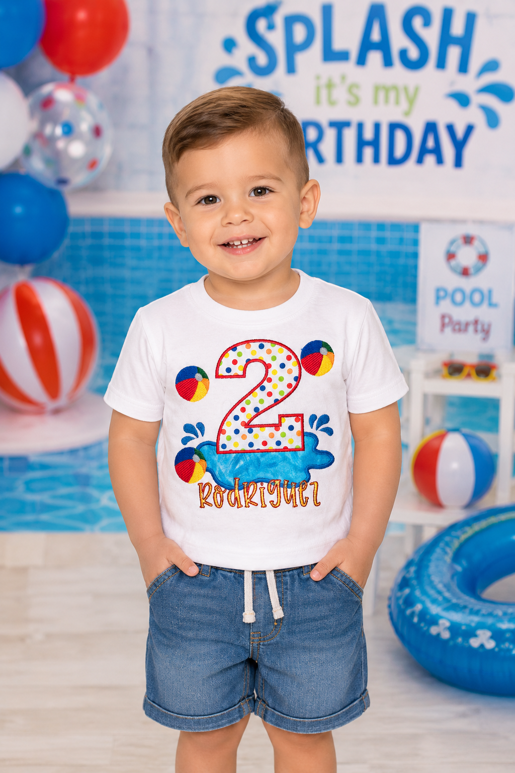 Personalized embroidered Pool splash birthday shirt featuring a colorful number 2 with beach balls, water splash design, and custom embroidered name on a white 100% cotton shirt. | RoJo Custom Designs