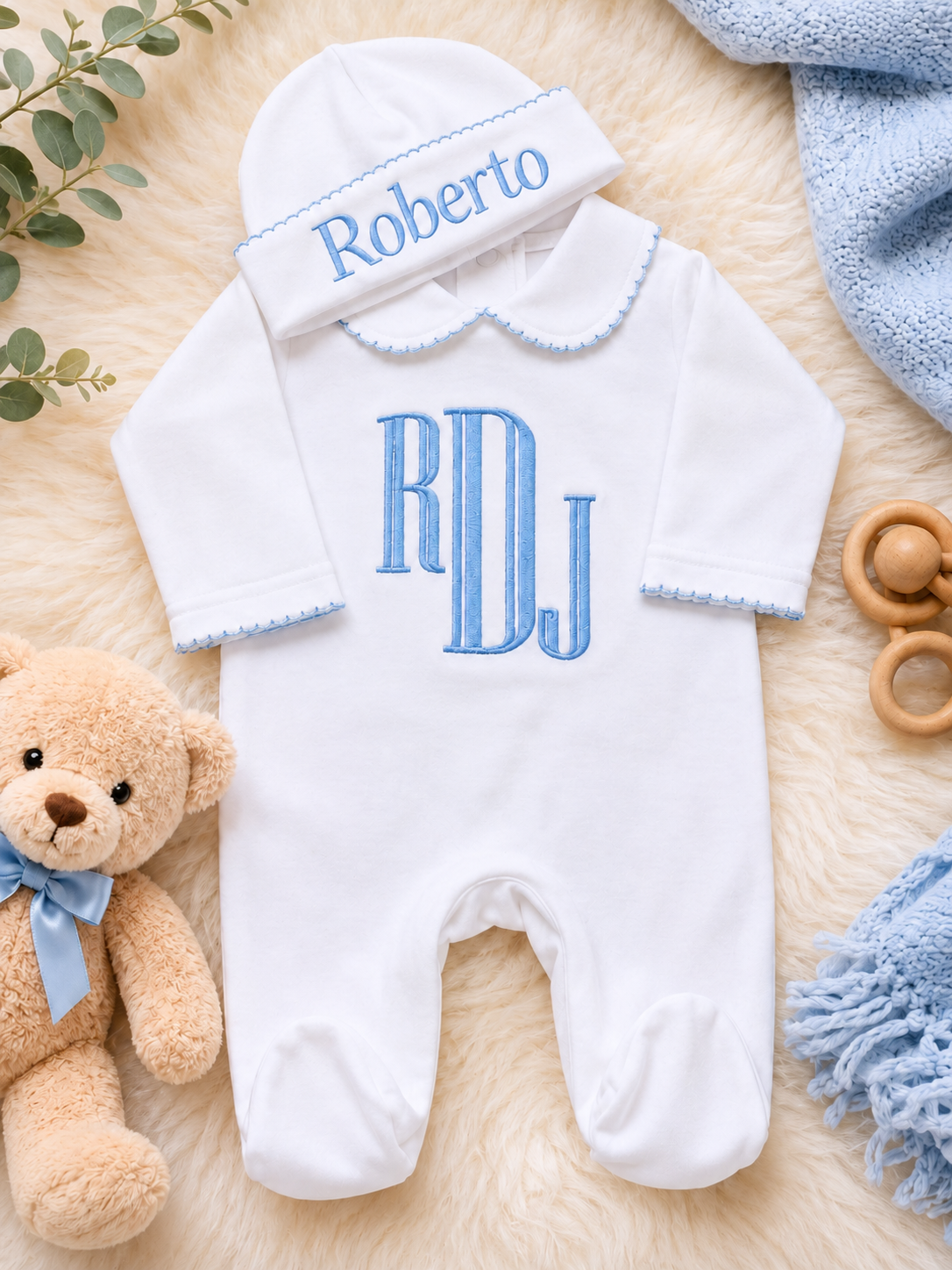 Personalized Baby Boy Embroidered Sleep & Play Set with Matching Hat
