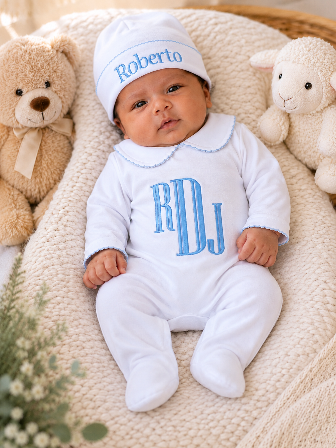 Personalized Baby Boy Embroidered Sleep & Play Set with Matching Hat