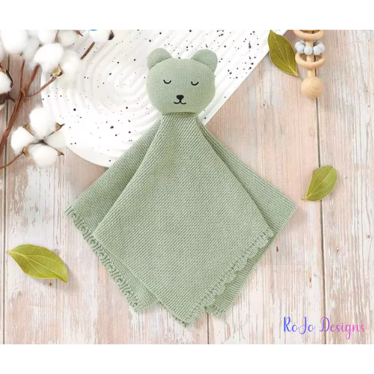 Personalized sage green bear security blanket with embroidered baby name