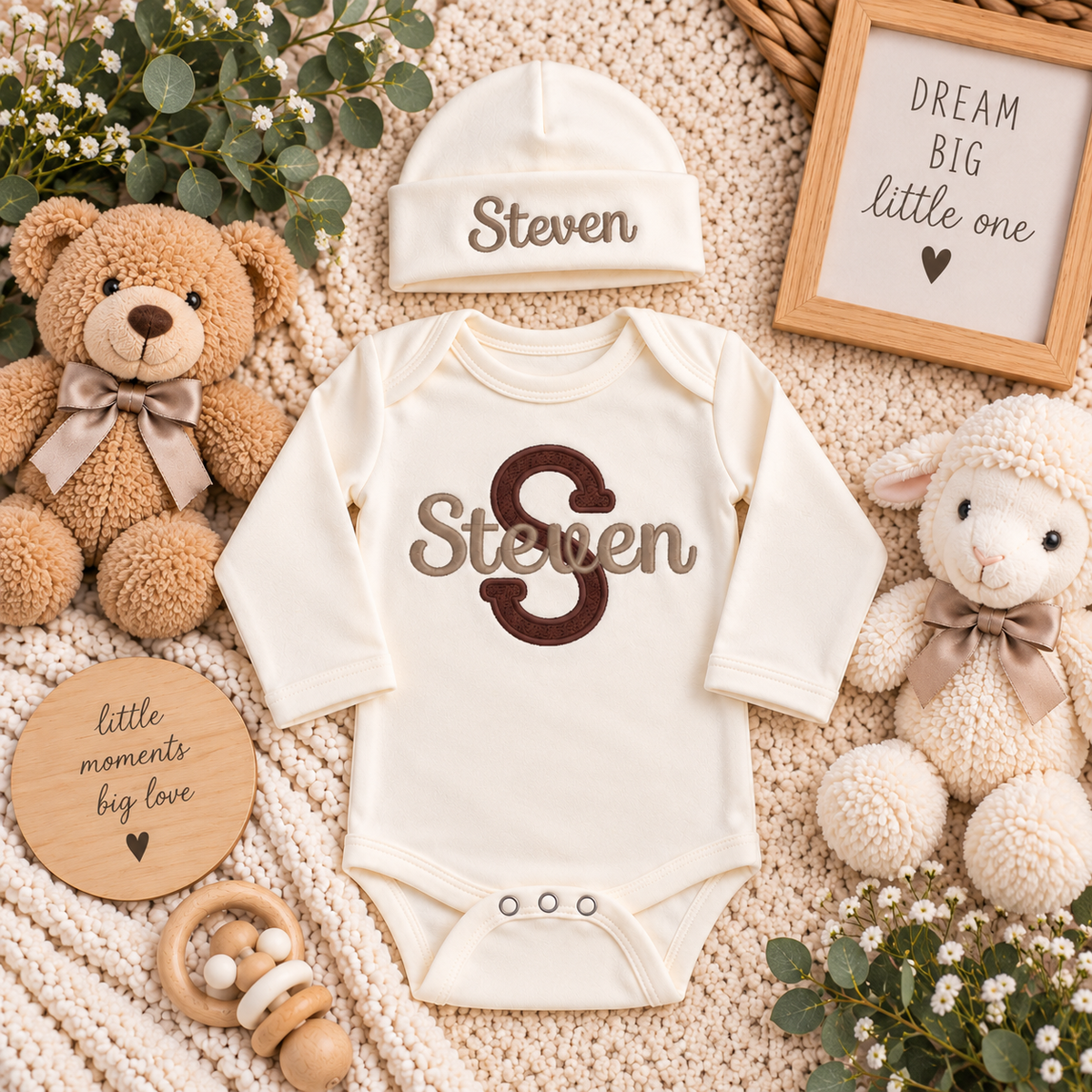 Personalized Baby Bodysuit & Hat Set | Embroidered Newborn Gift