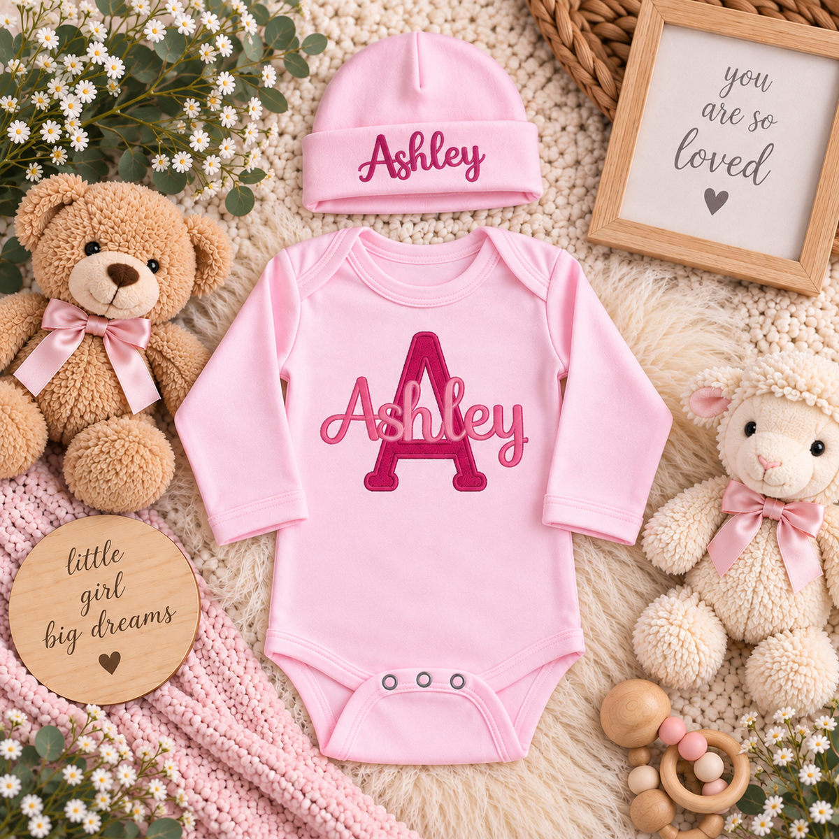 Personalized Baby Bodysuit & Hat Set | Embroidered Newborn Gift
