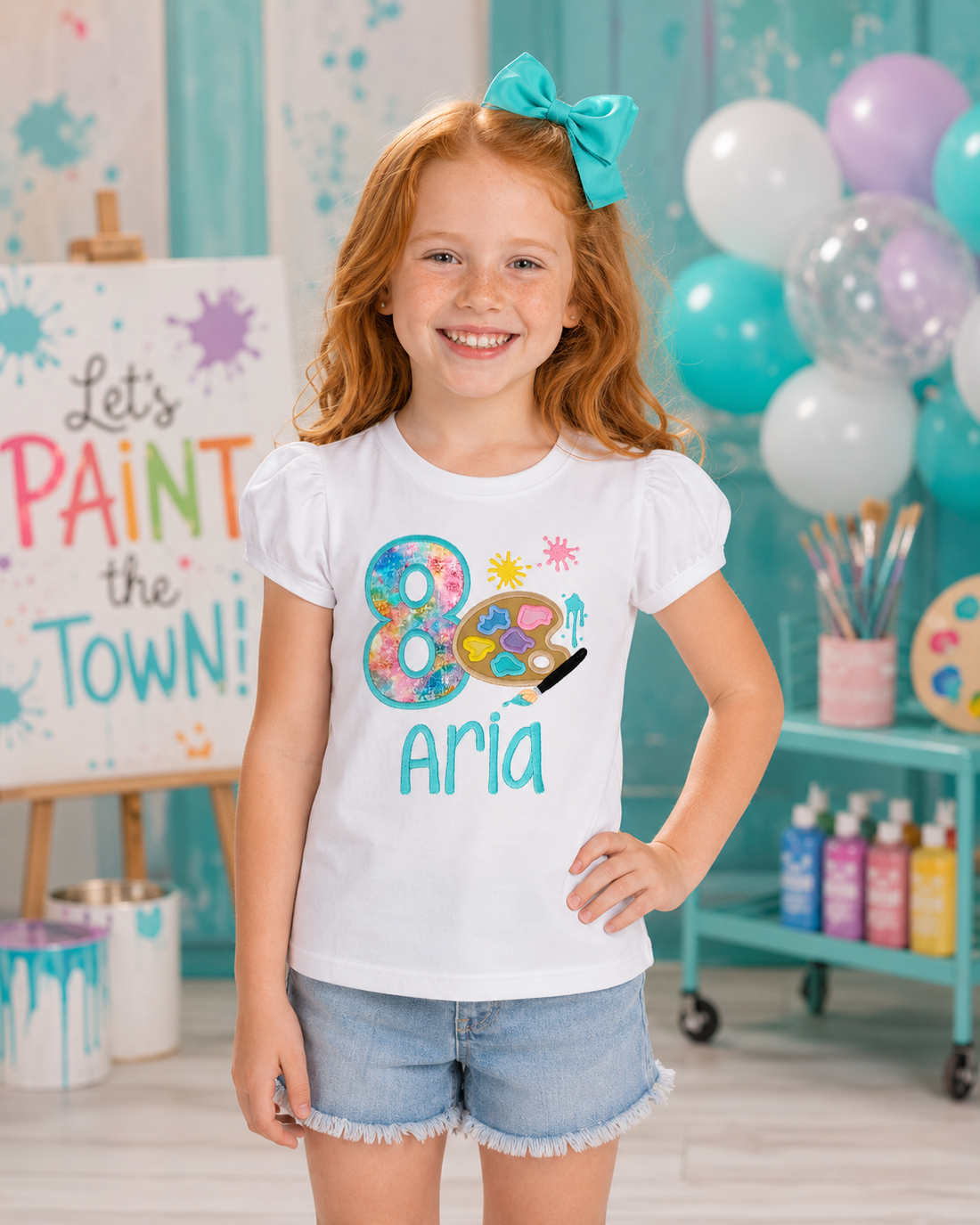 Girl wearing a personalized embroidered Paint Party 8th birthday shirt with watercolor number 8, artist palette, and paintbrush at a colorful art-themed birthday celebration. | RoJo Custom Designs