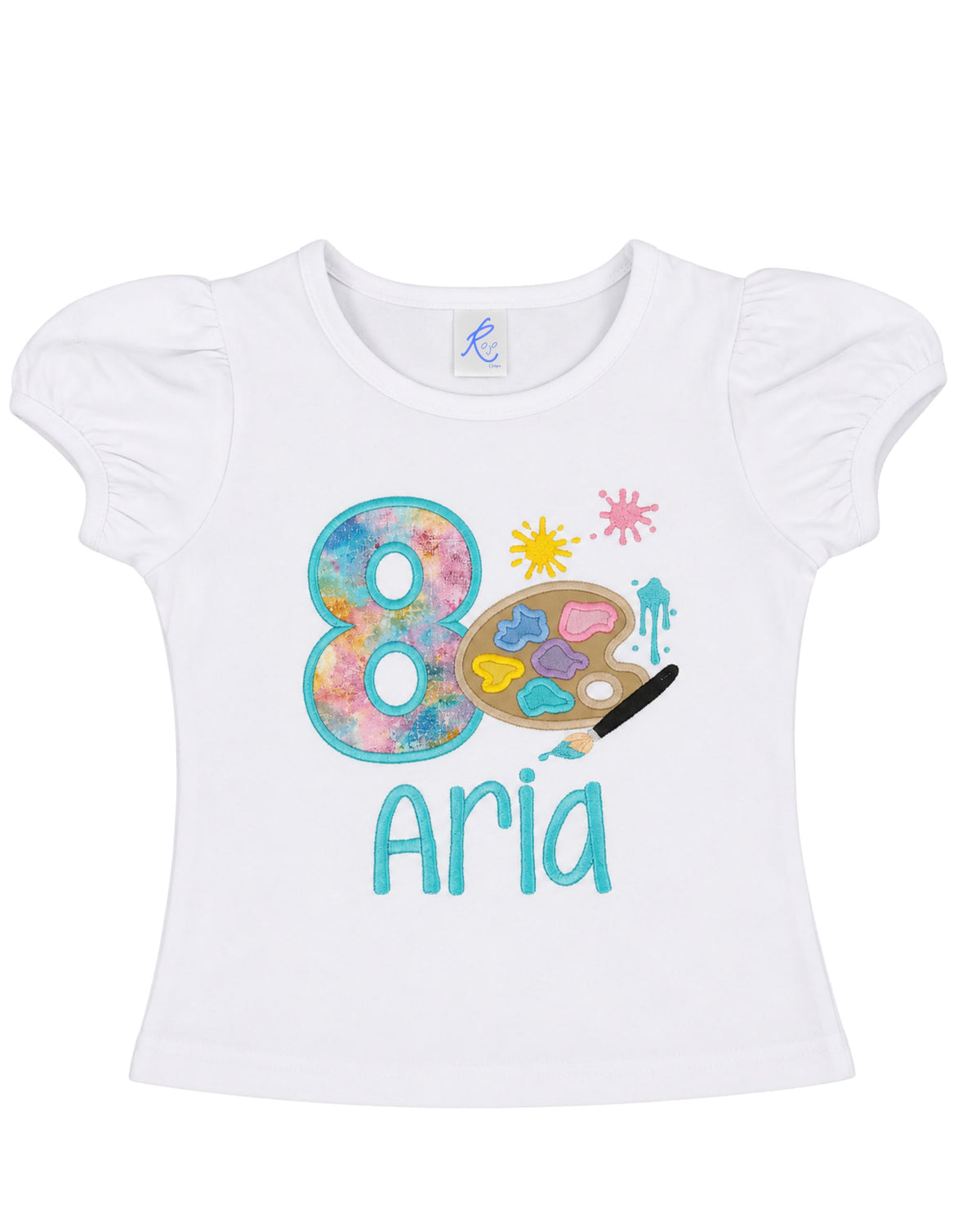 White puff sleeve embroidered girls 8th birthday shirt featuring a colorful watercolor number 8, artist paint palette, paintbrush, and personalized name for a paint party birthday. | RoJo Custom Designs