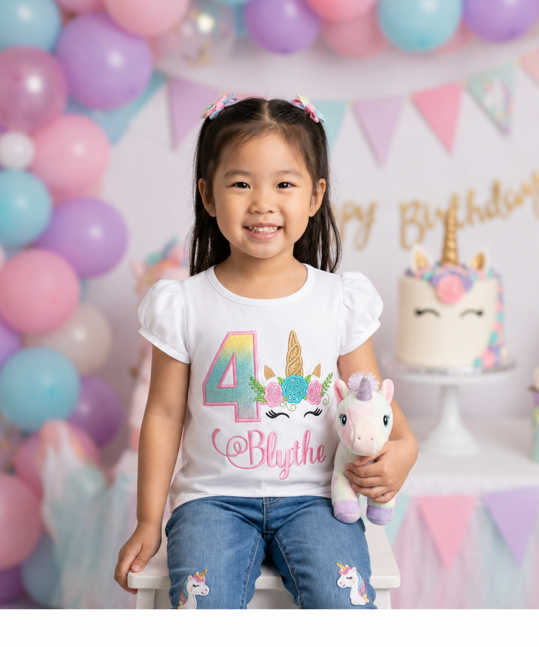 Personalized Unicorn Birthday Shirt featuring an embroidered birthday number, floral unicorn design, and custom name for girls. Boutique birthday outfit made from 100% cotton.