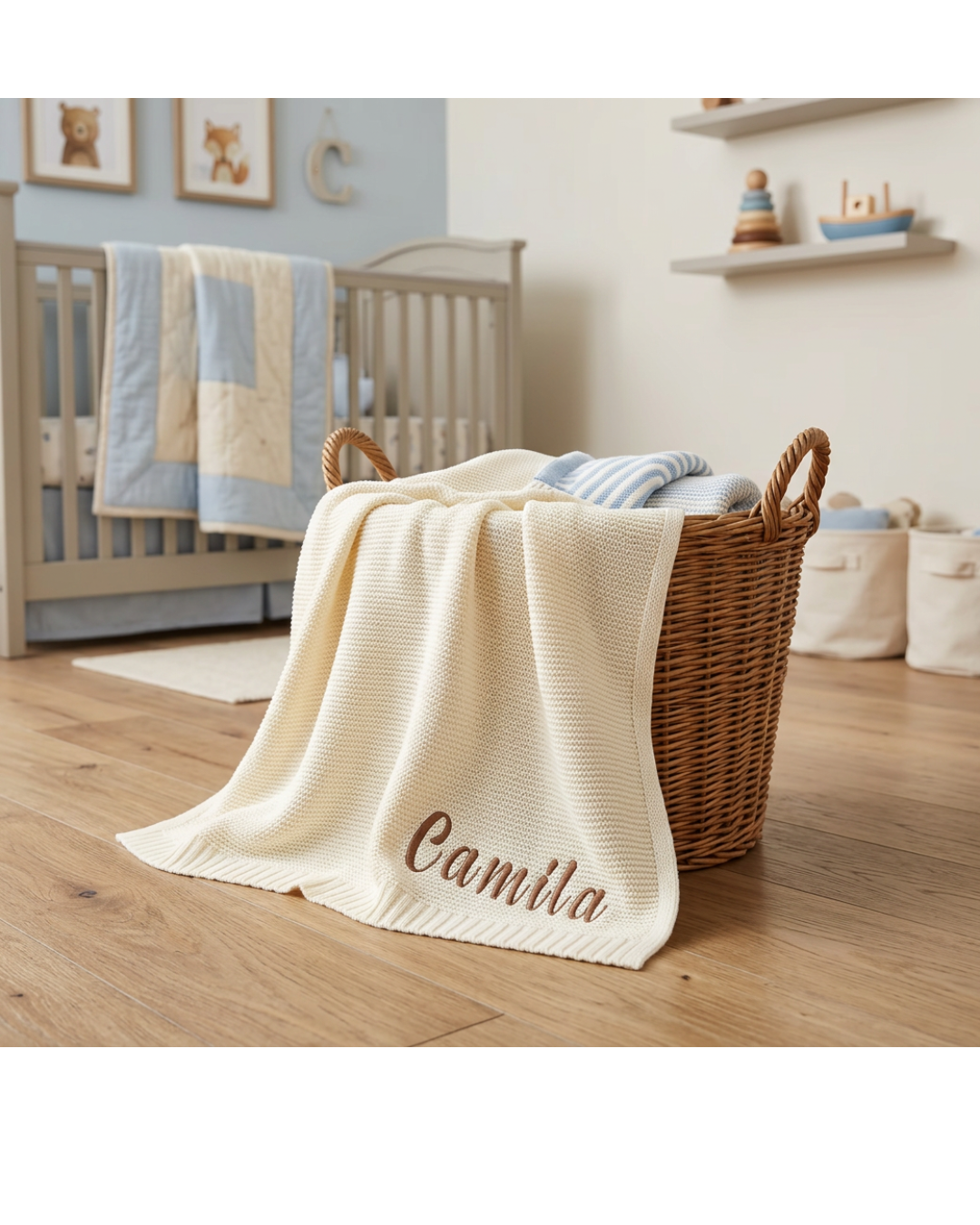 White personalized knit baby blanket embroidered with baby's name displayed in nursery setting