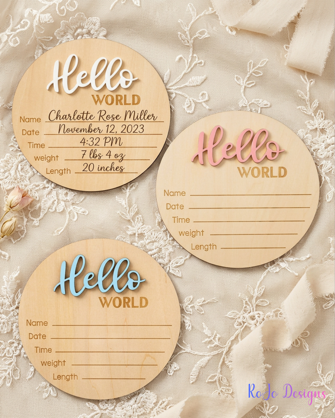 Wooden Hello World birth announcement signs available in blue, pink, and white lettering