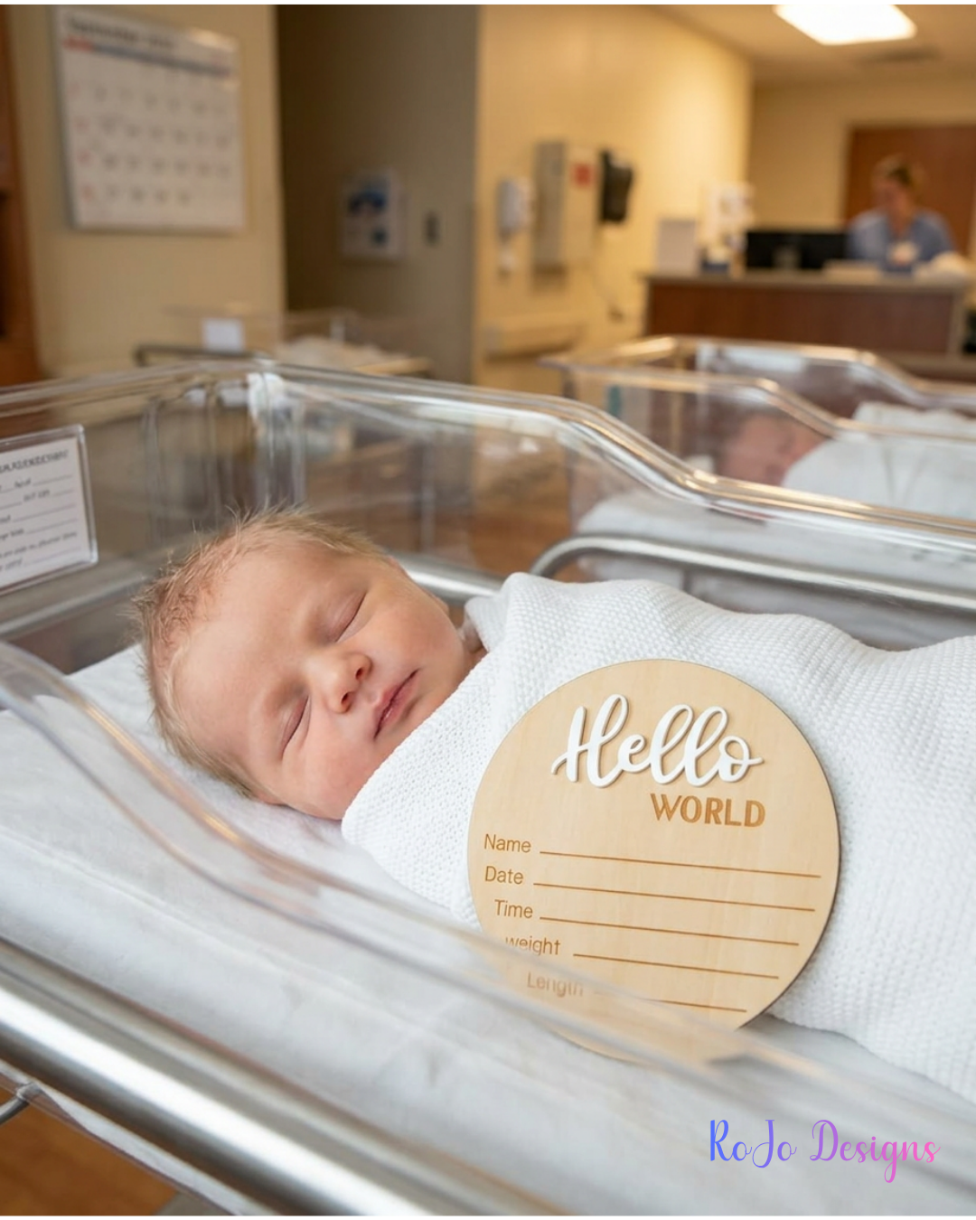 Newborn baby wrapped in blanket with personalized wooden Hello World birth announcement sign